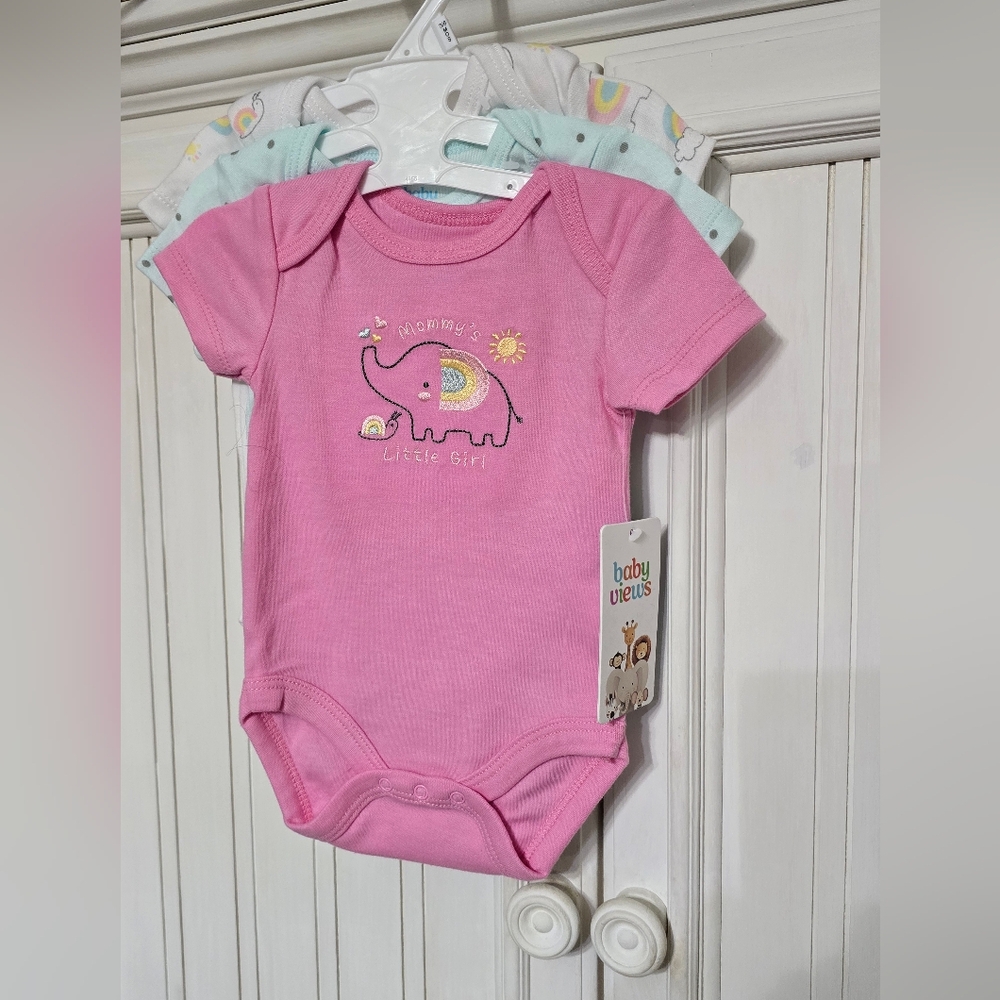 Baby Views Pink Elephant Short-Sleeve One-Piece Bodysuit Set 3-6 Months